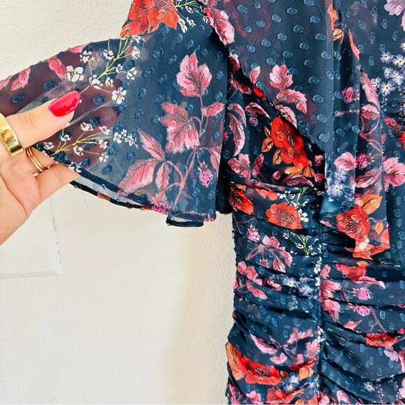 Keepsake Need You Now Navy Blue Red White Floral Ruffle Rouched Midi Dress XS - Picture 3 of 14
